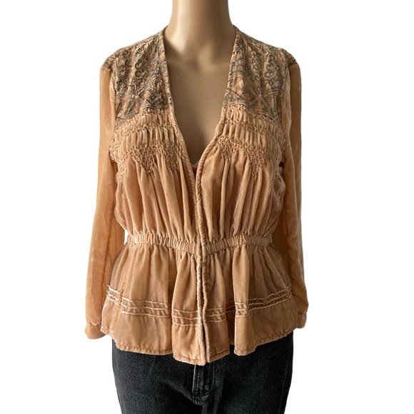Elevenses Embroidered Peach Velvet Cardigan Size S - Picture 1 of 10